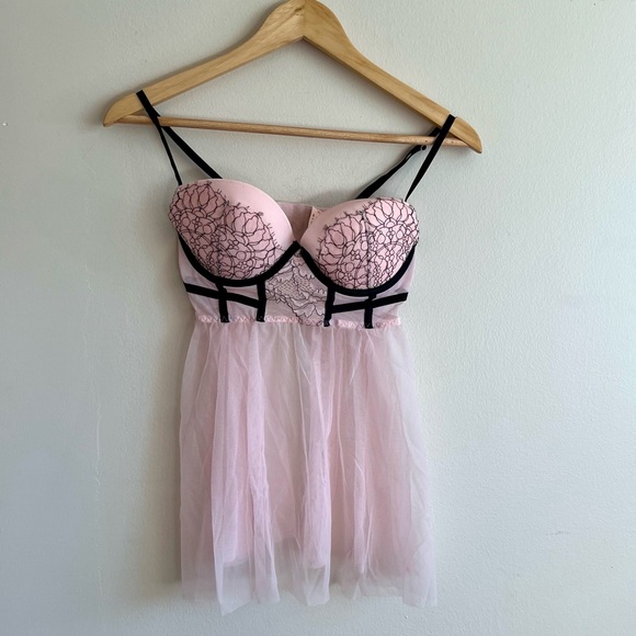 Victoria's Secret Other - NWT Victoria's Secret Pink Black Lace Baby Doll Cami Slip Dress